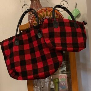 Red & Black Buffalo Plaid Wool Flannel Travel Bags